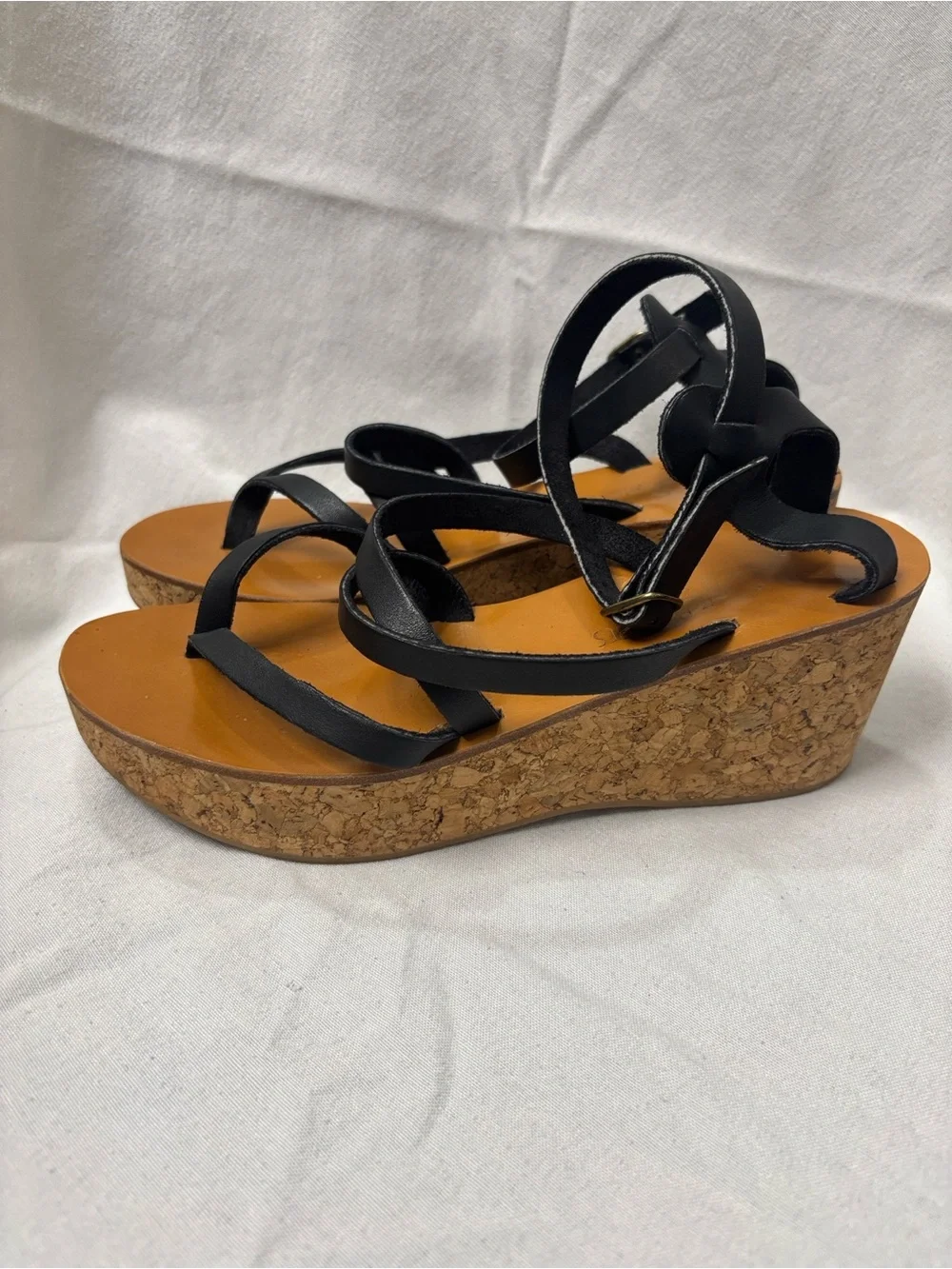 K.Jacques Black Strappy Cork Wedge Sandals Size 39/8.5